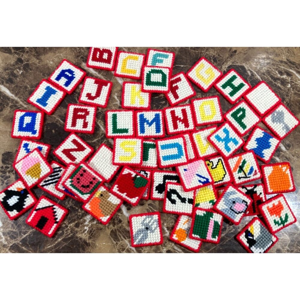 Alphabet Needlepoint Vintage Kids Match Game Plastic Canvas 1.75" Block Panels